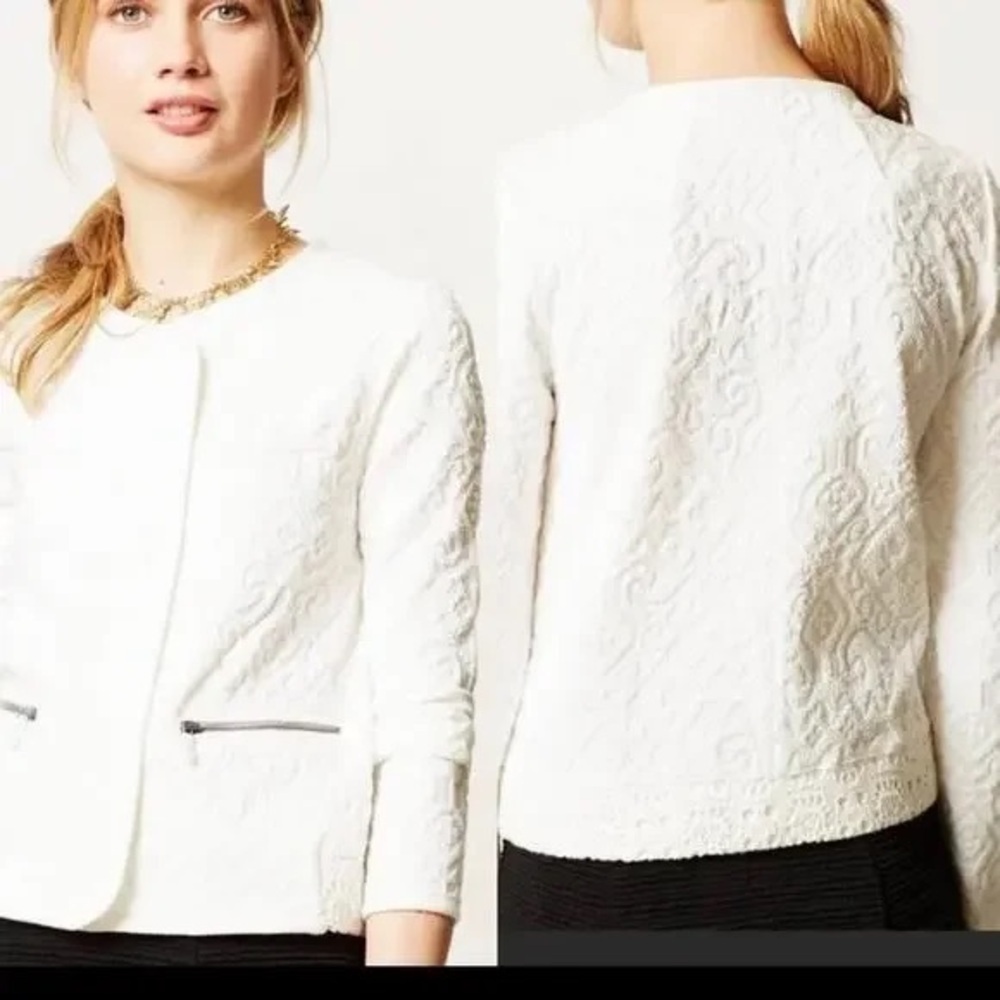 Anthropologie Moth Jacquard Quilted Cotton White Zip Jacket Medium